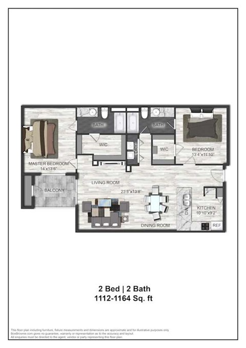 Floor plan for 2 beds, 2 baths, 1112 sqft